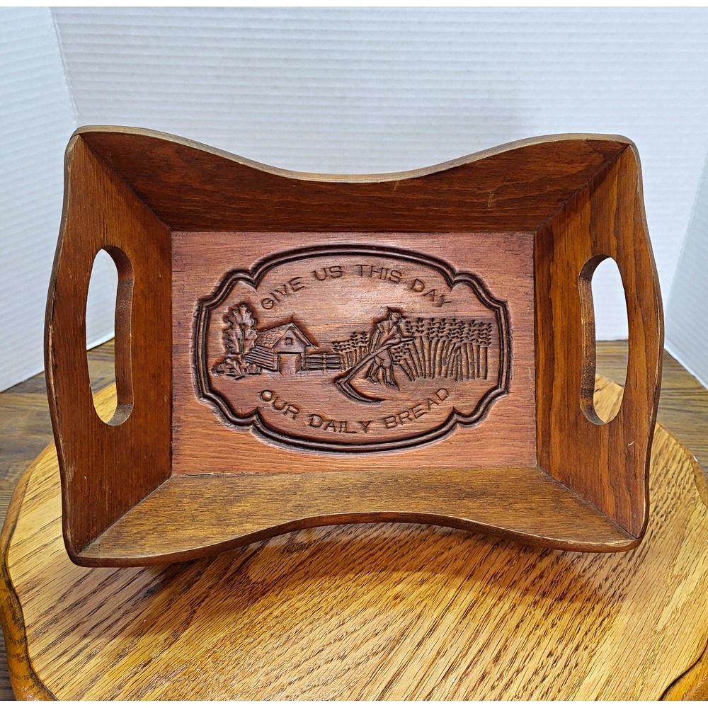 VTG Carved Wooden Bread Serving Tray "Give Us This Day Our Daily Bread"